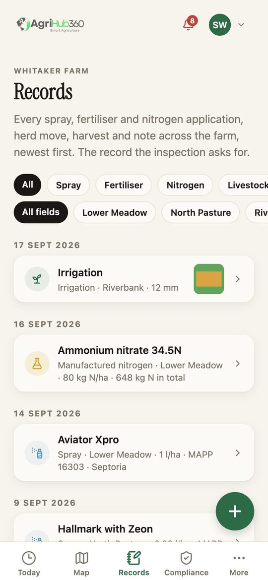 The Records tab on the demo farm, rows by date.