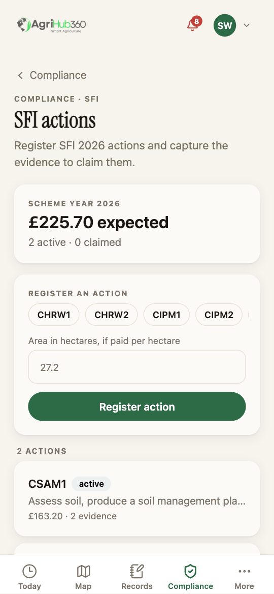 SFI actions: scheme year 2026, £225.70 expected, Register an action with code chips, and CSAM1 active with £163.20 and 2 evidence.