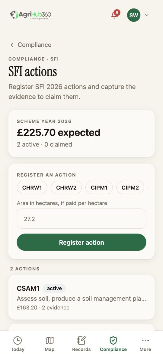 SFI actions: scheme year 2026, £225.70 expected, Register an action with code chips, and CSAM1 active with £163.20 and 2 evidence.