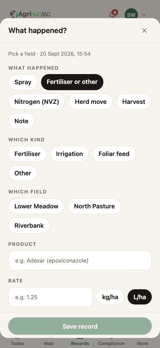 The sheet: What happened, with Fertiliser or other chosen, Which kind (Fertiliser, Irrigation, Foliar feed, Other), the field chips, Product and Rate.