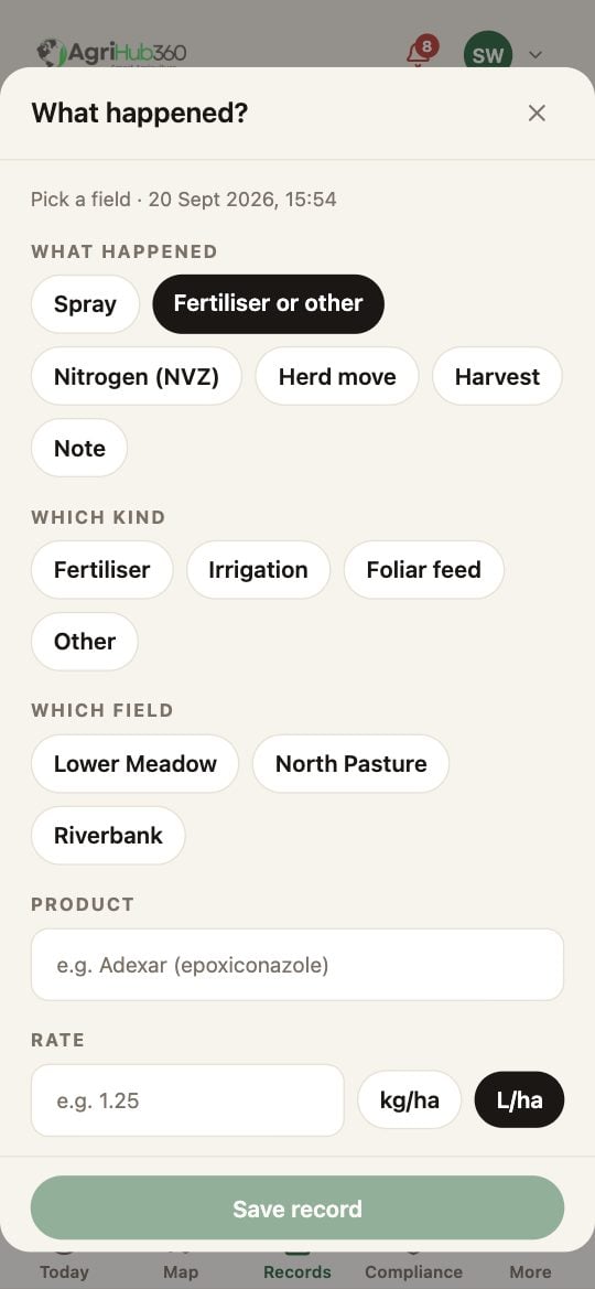 The sheet: What happened, with Fertiliser or other chosen, Which kind (Fertiliser, Irrigation, Foliar feed, Other), the field chips, Product and Rate.