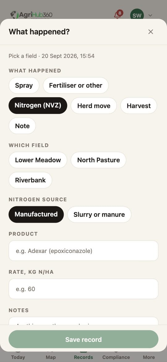 The sheet on Harvest: the note that a harvest is recorded against the planting, and the field chips.
