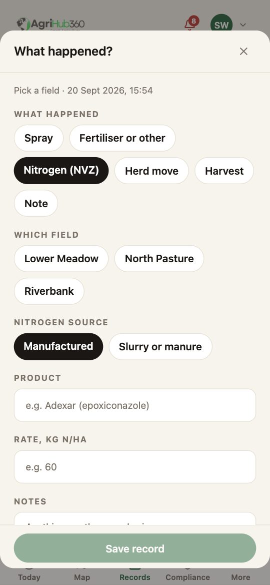 The sheet on Nitrogen (NVZ): the field chips, Nitrogen source (Manufactured, Slurry or manure), Product and Rate in kg N/ha.