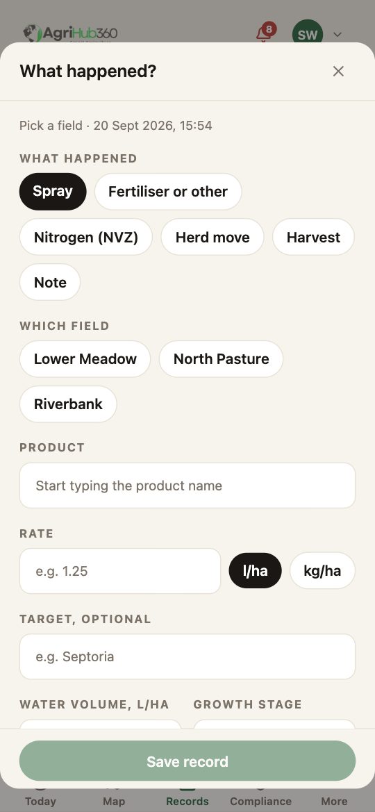 The + sheet on Spray: the kind chips, the field chips, the product box, the rate with l/ha and kg/ha, the target, and Save record at the bottom.