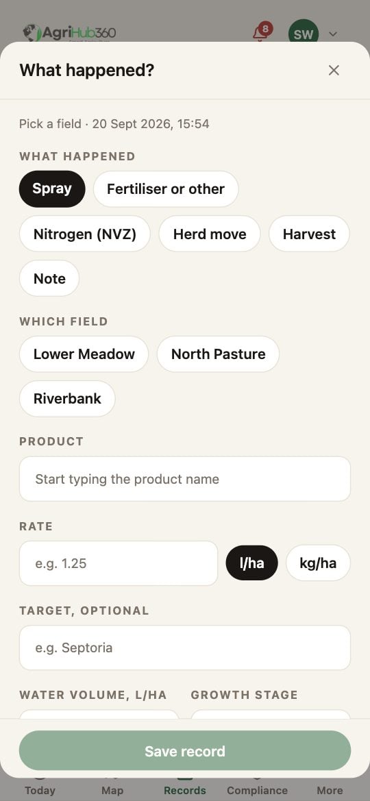 The + sheet on Spray: the kind chips, the field chips, the product box, the rate with l/ha and kg/ha, the target, and Save record at the bottom.