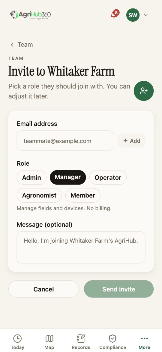 Invite to Whitaker Farm: the role chips with Agronomist among them.
