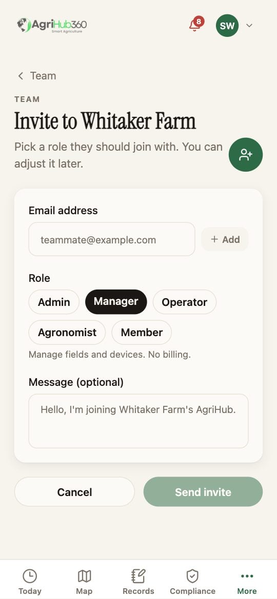 Invite to Whitaker Farm: the role chips with Agronomist among them.