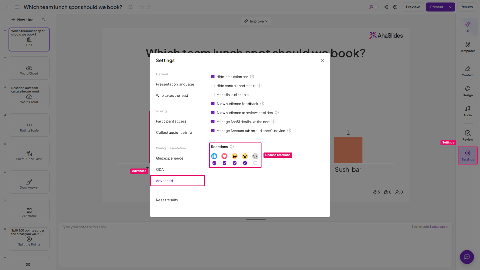 AhaSlides editor with Settings open on the Advanced tab and the Reactions checkboxes highlighted