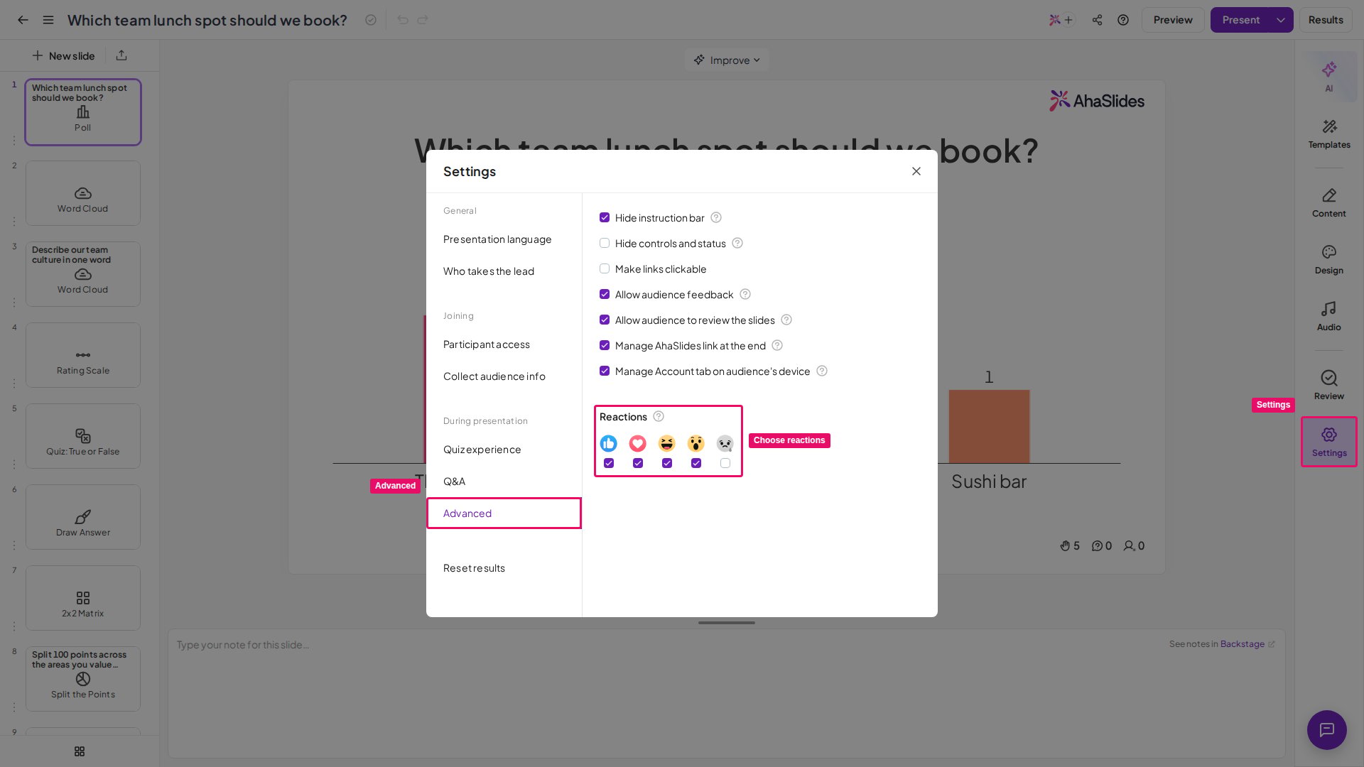 AhaSlides editor with Settings open on the Advanced tab and the Reactions checkboxes highlighted