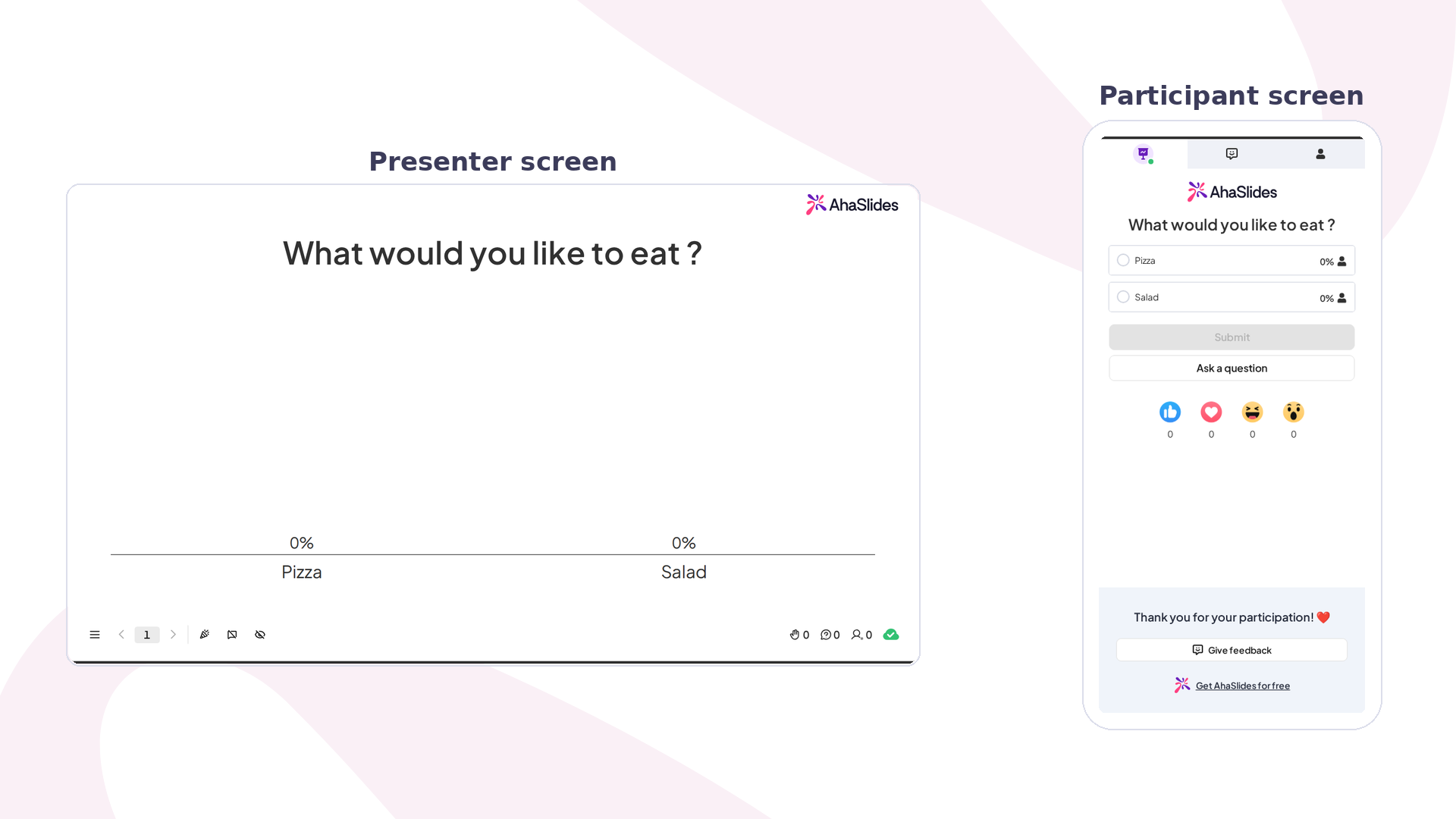 AhaSlides poll in preview mode, showing the presenter screen beside the participant phone view as the audience votes
