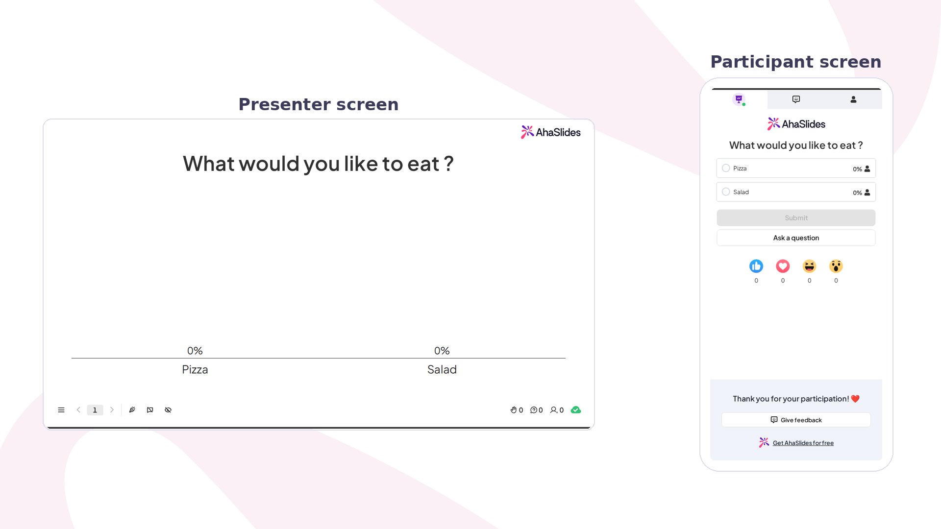 AhaSlides poll in preview mode, showing the presenter screen beside the participant phone view as the audience votes