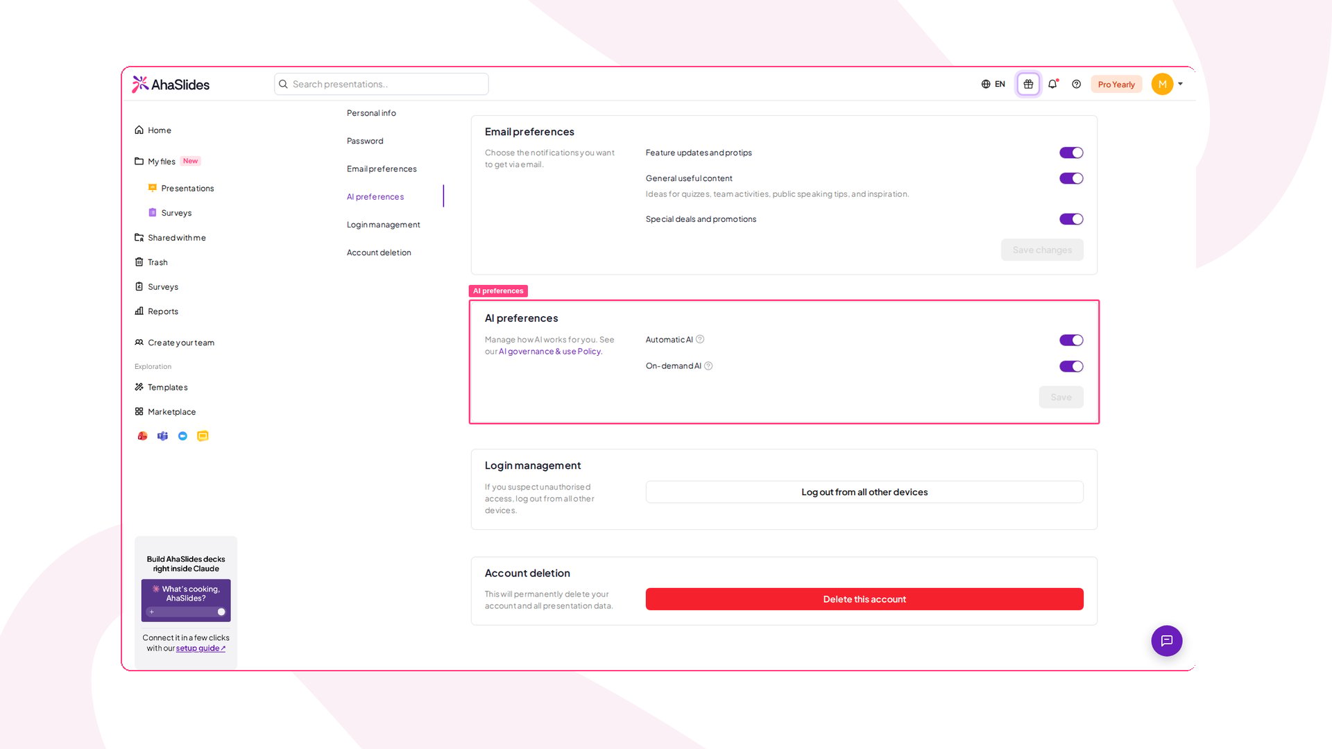 La sección Preferencias de IA en la configuración de la cuenta de AhaSlides, con los interruptores Automatic AI y On-demand AI activados