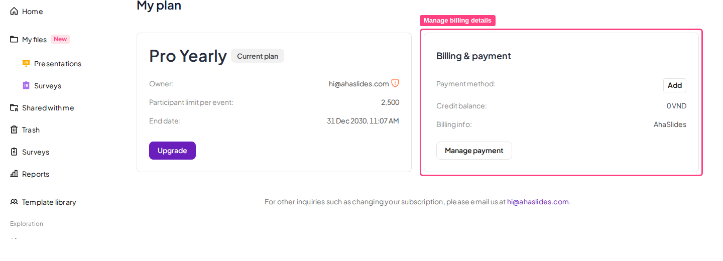 La page My plan dans AhaSlides, avec la carte Billing and payment et son bouton Manage payment mis en évidence