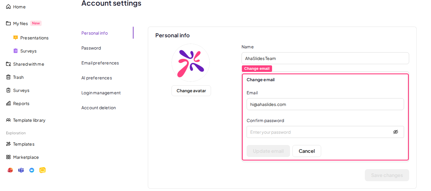 El formulario Change email de la configuración de la cuenta de AhaSlides, con los campos Email y Confirm password resaltados