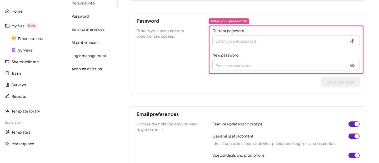 La sección Password de la configuración de la cuenta de AhaSlides, con los campos Current password y New password resaltados
