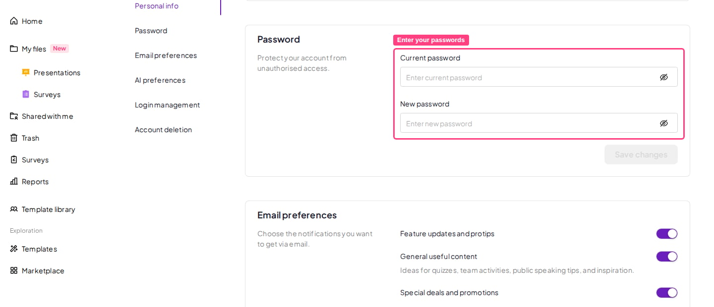 La sección Password de la configuración de la cuenta de AhaSlides, con los campos Current password y New password resaltados