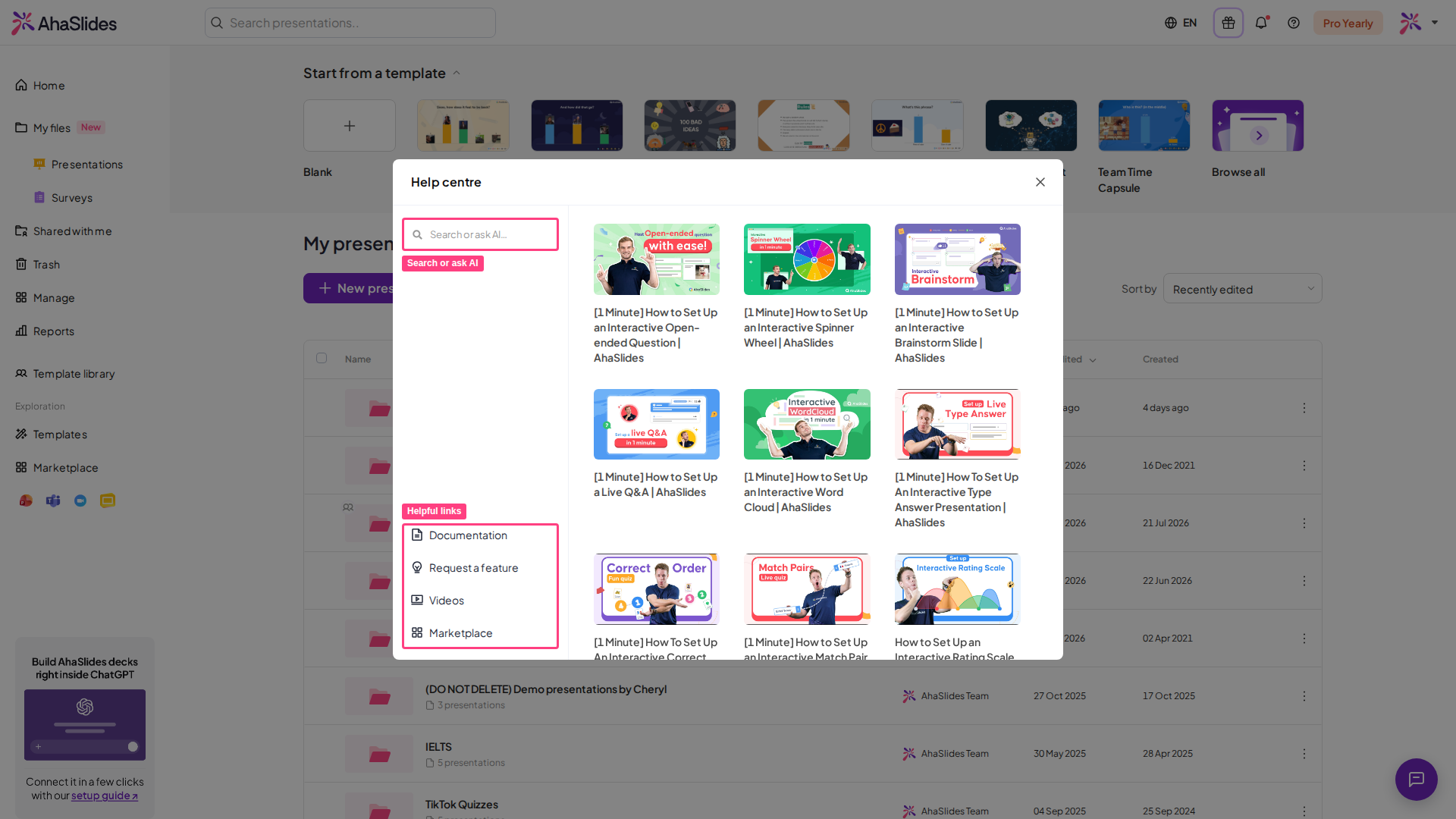 La fenêtre du Centre d'aide AhaSlides avec la zone Rechercher ou demander à l'IA et les liens Documentation et Vidéos mis en évidence