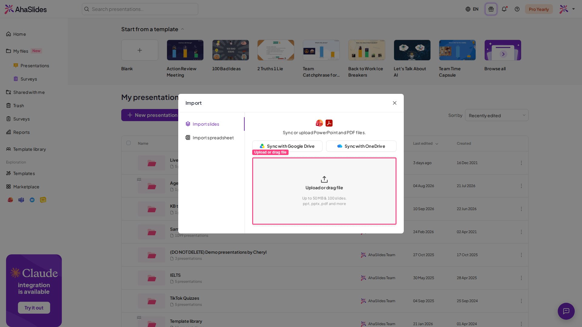 El cuadro de diálogo Importar de AhaSlides, con el área de subida o arrastre de archivos resaltada para añadir un archivo de PowerPoint o PDF
