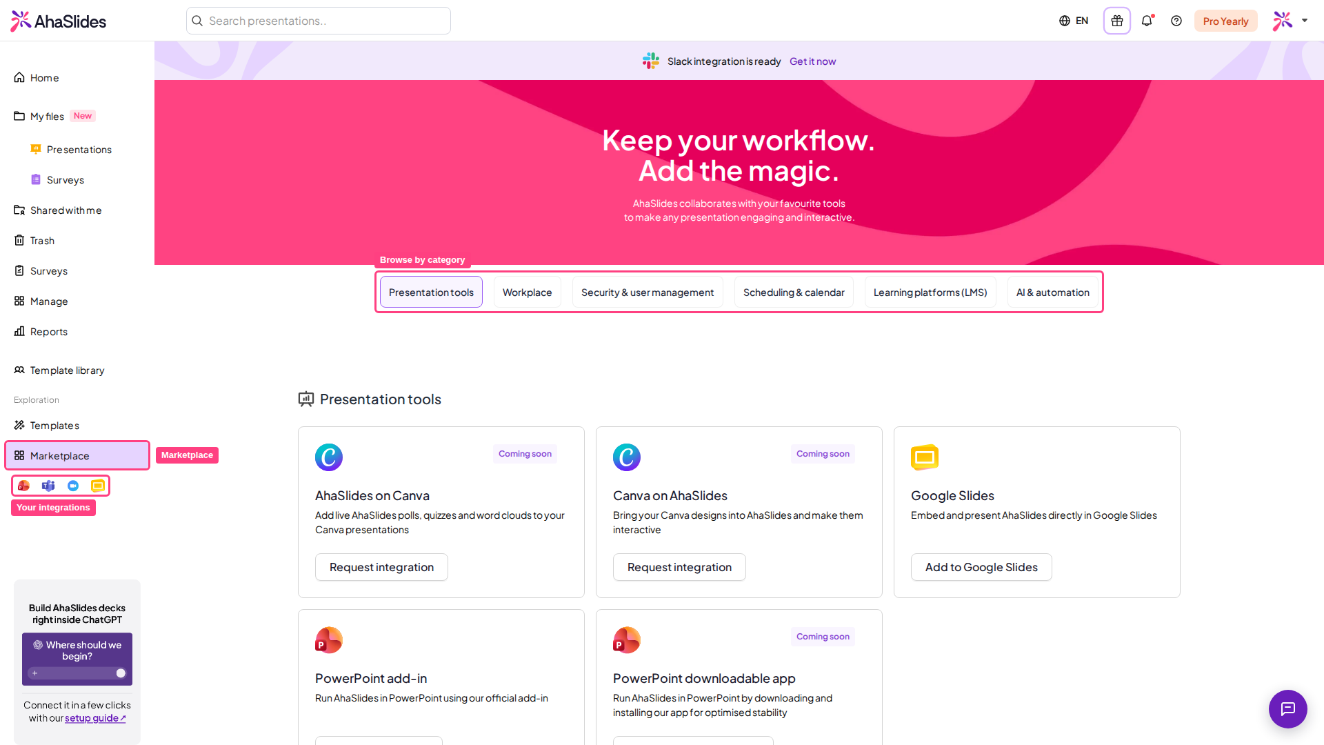 La page Marketplace d'AhaSlides, avec le lien Marketplace, les raccourcis d'intégration de la barre latérale et les onglets de catégories mis en évidence