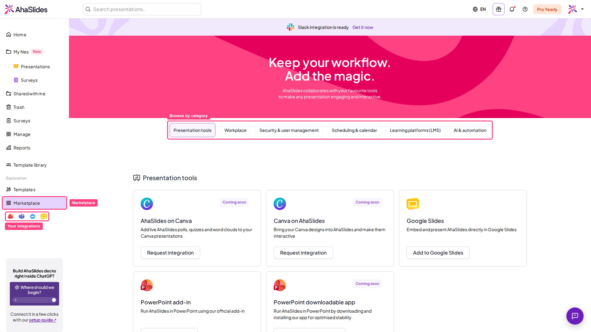 La página Marketplace de AhaSlides, con el enlace Marketplace, los accesos directos a integraciones de la barra lateral y las pestañas de categorías resaltados