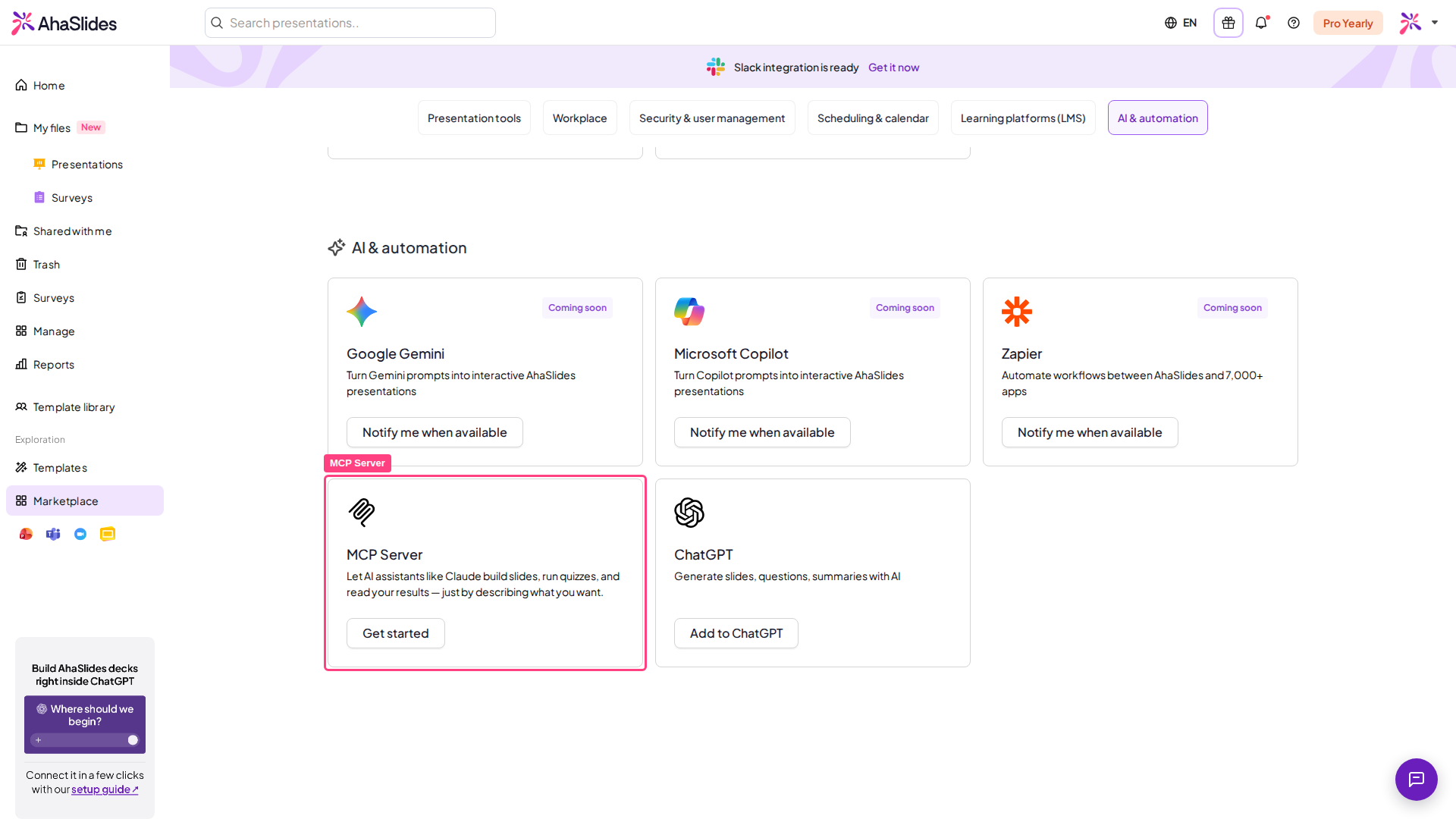 La sección AI & automation de AhaSlides Marketplace, con la tarjeta MCP Server resaltada