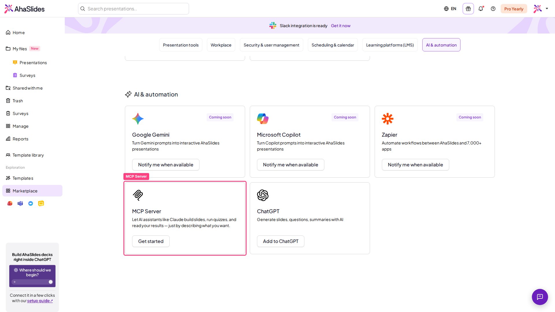 La sección AI & automation de AhaSlides Marketplace, con la tarjeta MCP Server resaltada