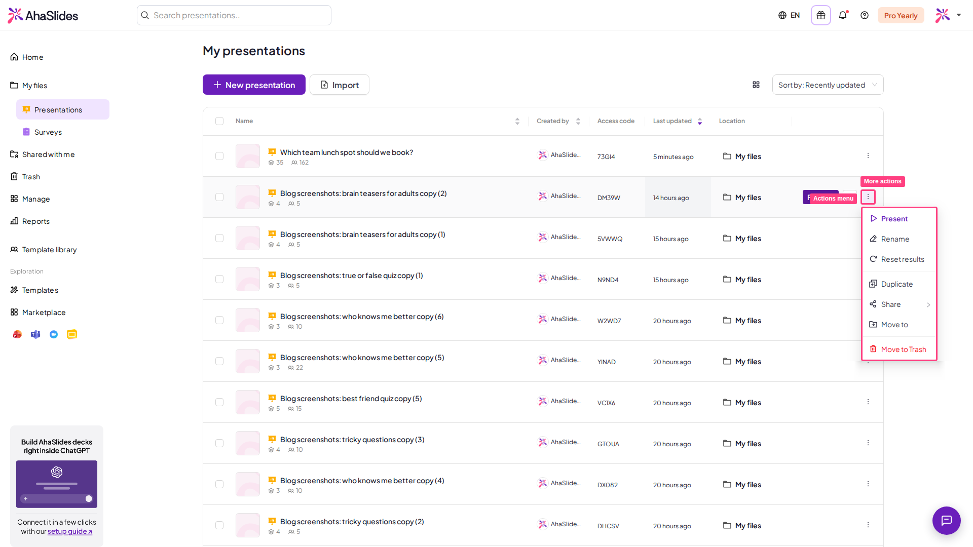 Список презентаций AhaSlides с открытым меню дополнительных действий для одной презентации: Present, Rename и Duplicate