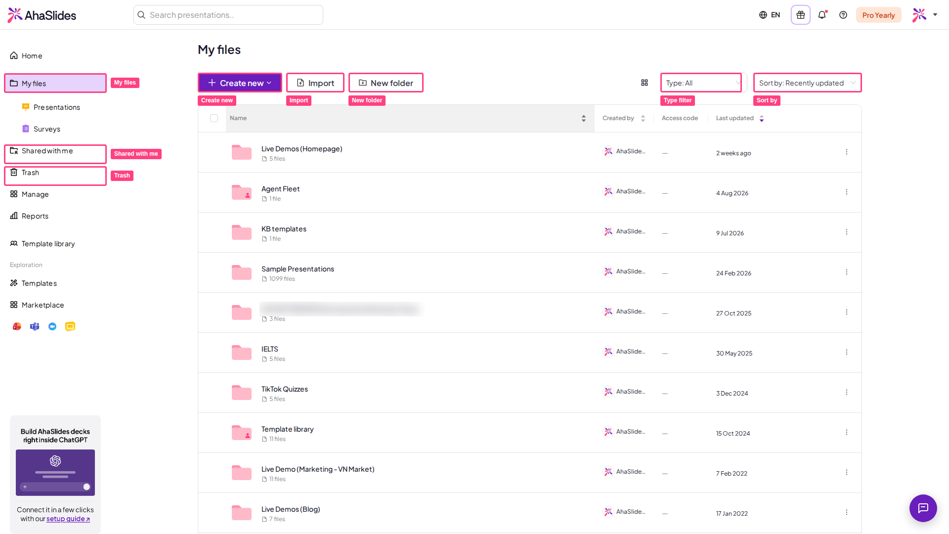 Страница «Мои файлы» в AhaSlides с выделенными кнопками Create new, Import, New folder, фильтрами, разделами «Поделился со мной» и «Корзина»