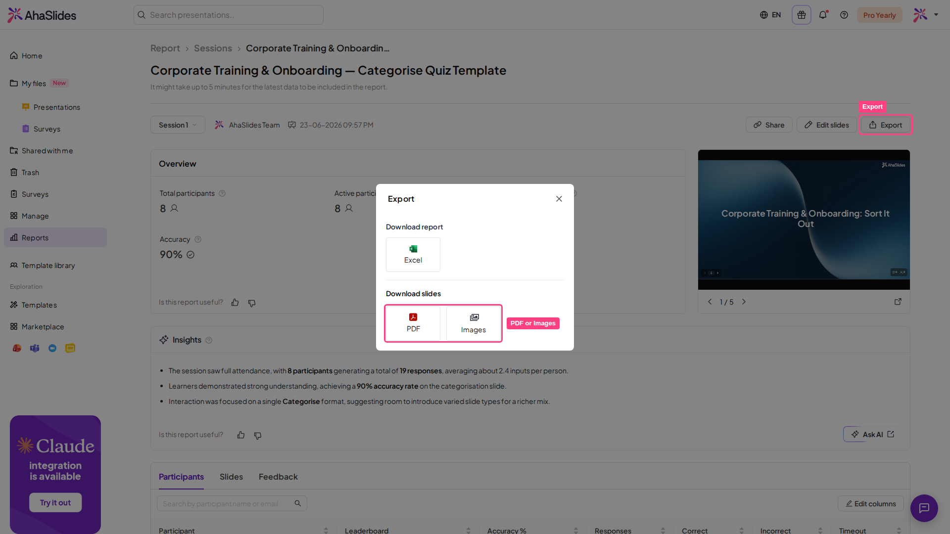 La fenêtre d'export d'un rapport de présentation AhaSlides, avec Exporter et les options PDF et Image mis en évidence