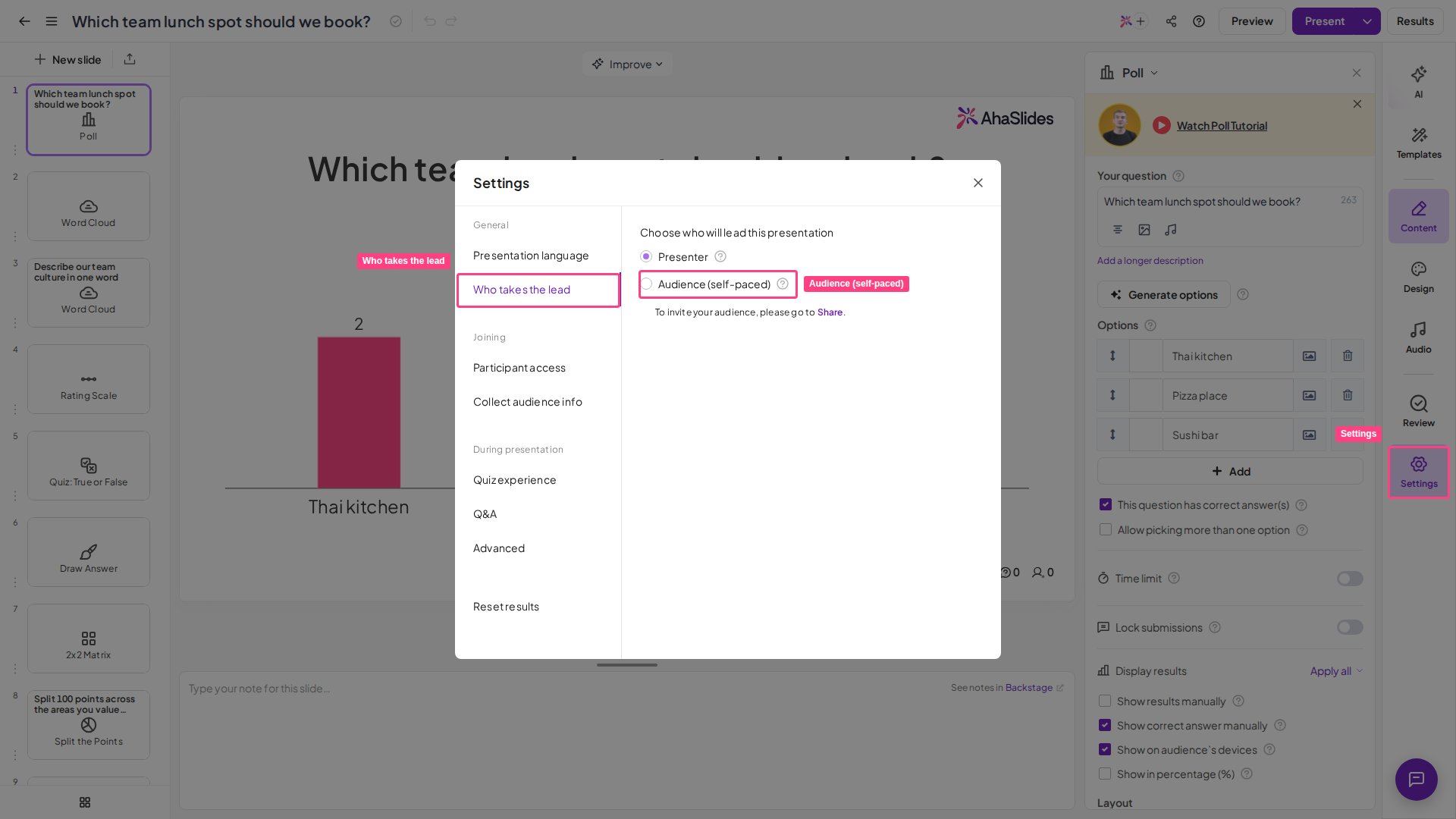 La configuración de la presentación de AhaSlides con Quién toma la iniciativa abierto y la opción Audiencia (autodidacta) resaltada