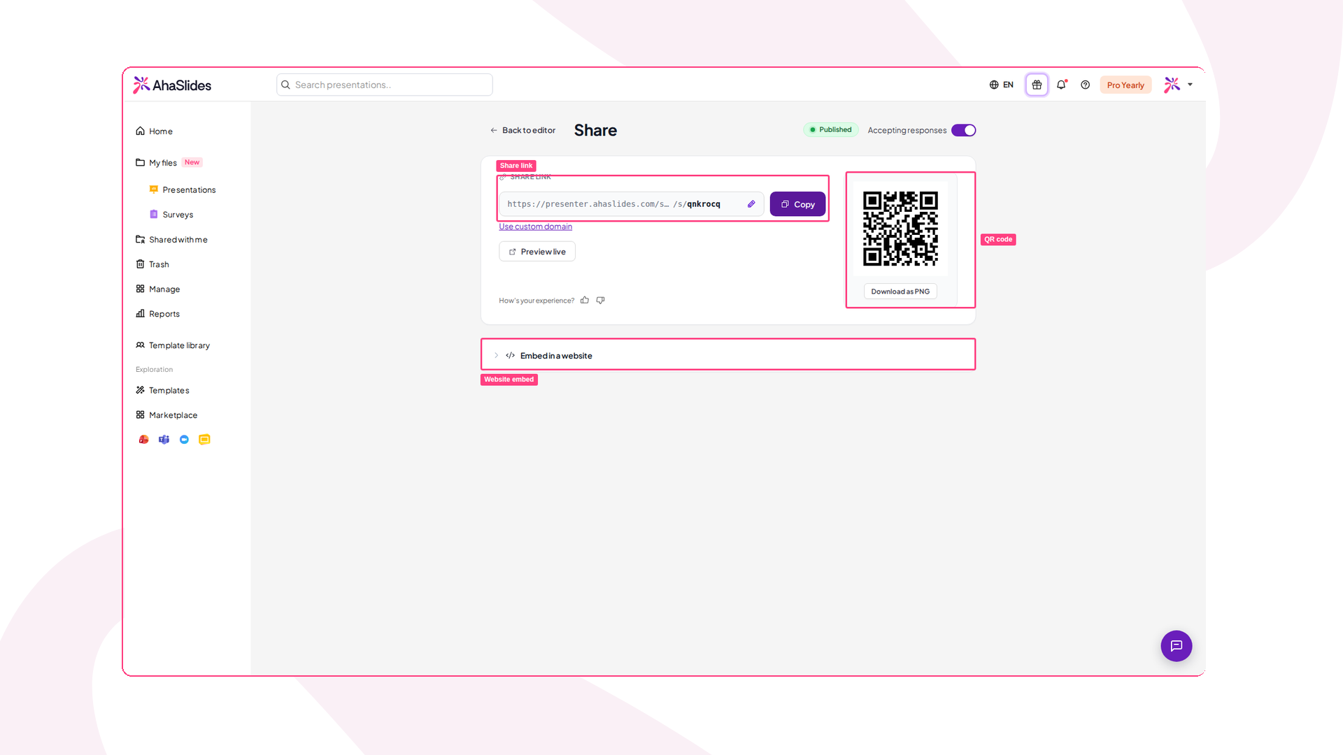 Página de Compartir de un Survey de AhaSlides con el enlace para compartir, el código QR y la inserción en sitio web resaltados