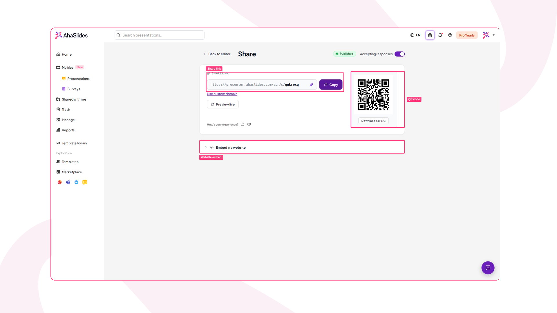 Página de Compartir de un Survey de AhaSlides con el enlace para compartir, el código QR y la inserción en sitio web resaltados