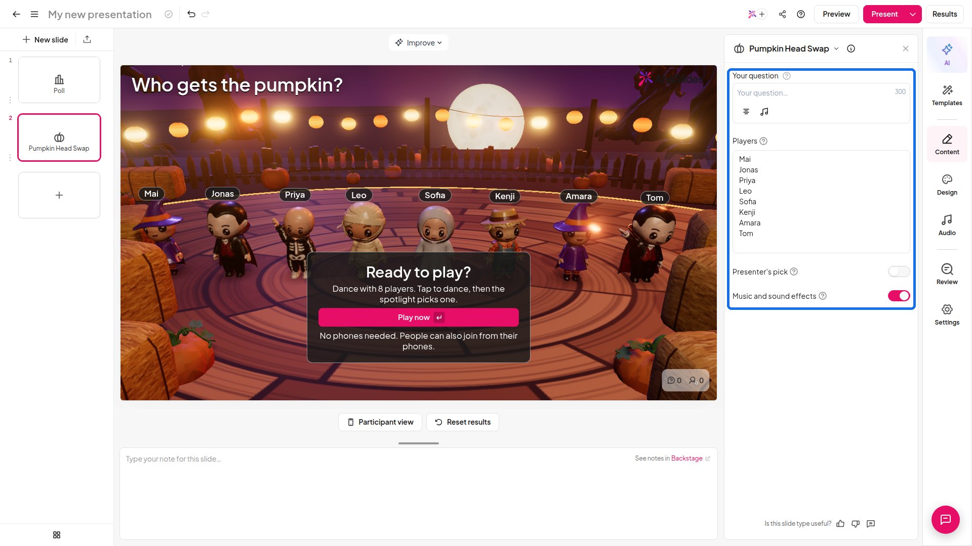 AhaSlides Pumpkin Head Swap-dia in de editor met het instellingenpaneel gemarkeerd