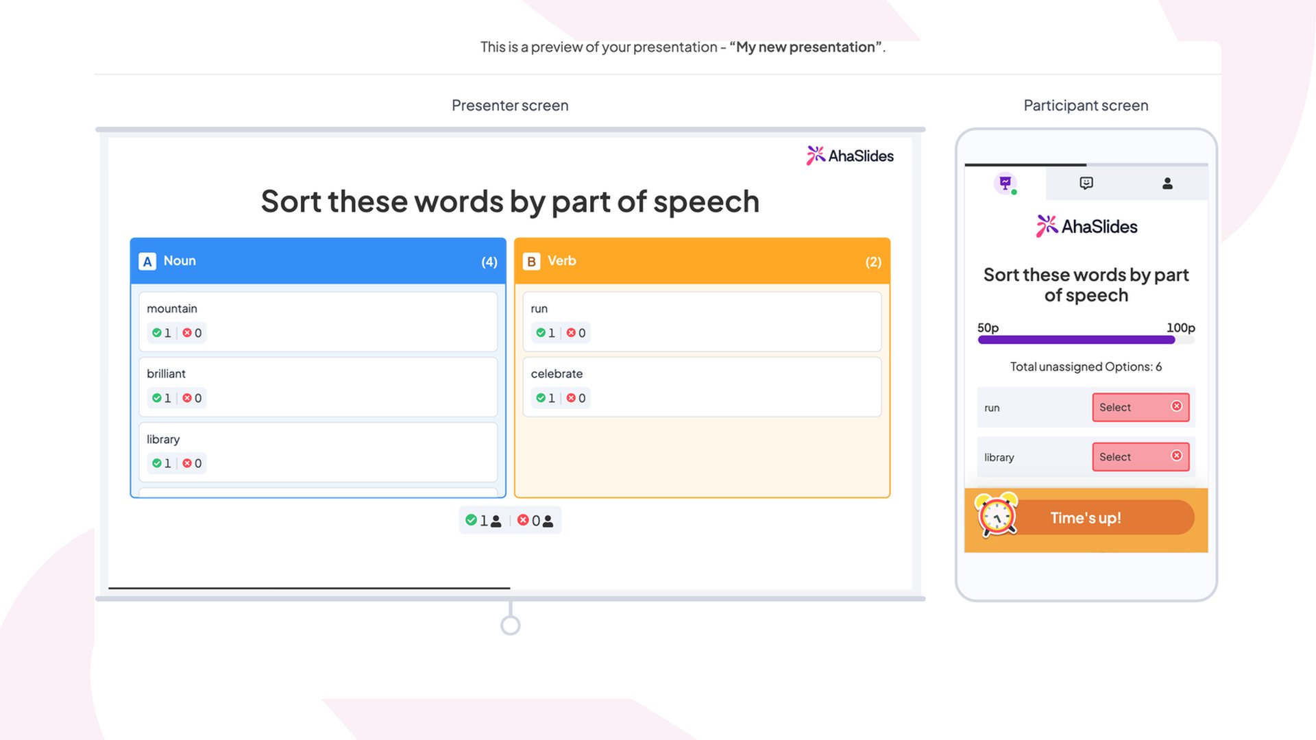 Categorise slide in preview mode — presenter screen showing Noun and Verb category columns with responses, alongside the participant phone screen