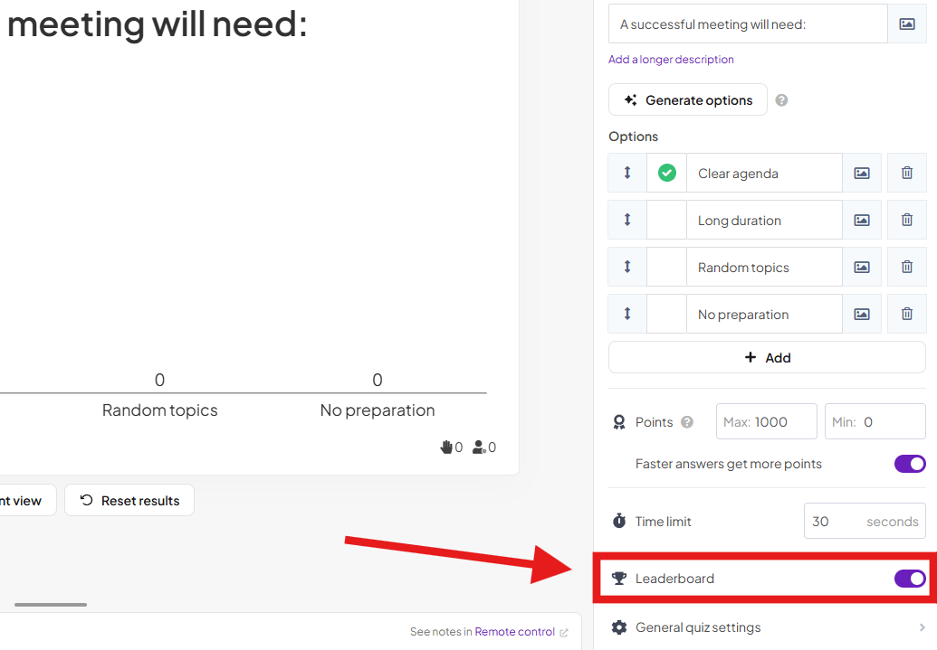 The Content tab of an AhaSlides quiz slide with the Leaderboard toggle switched on