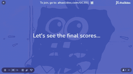 The final leaderboard slide of an AhaSlides presentation showing the final scores and announcing the quiz winner