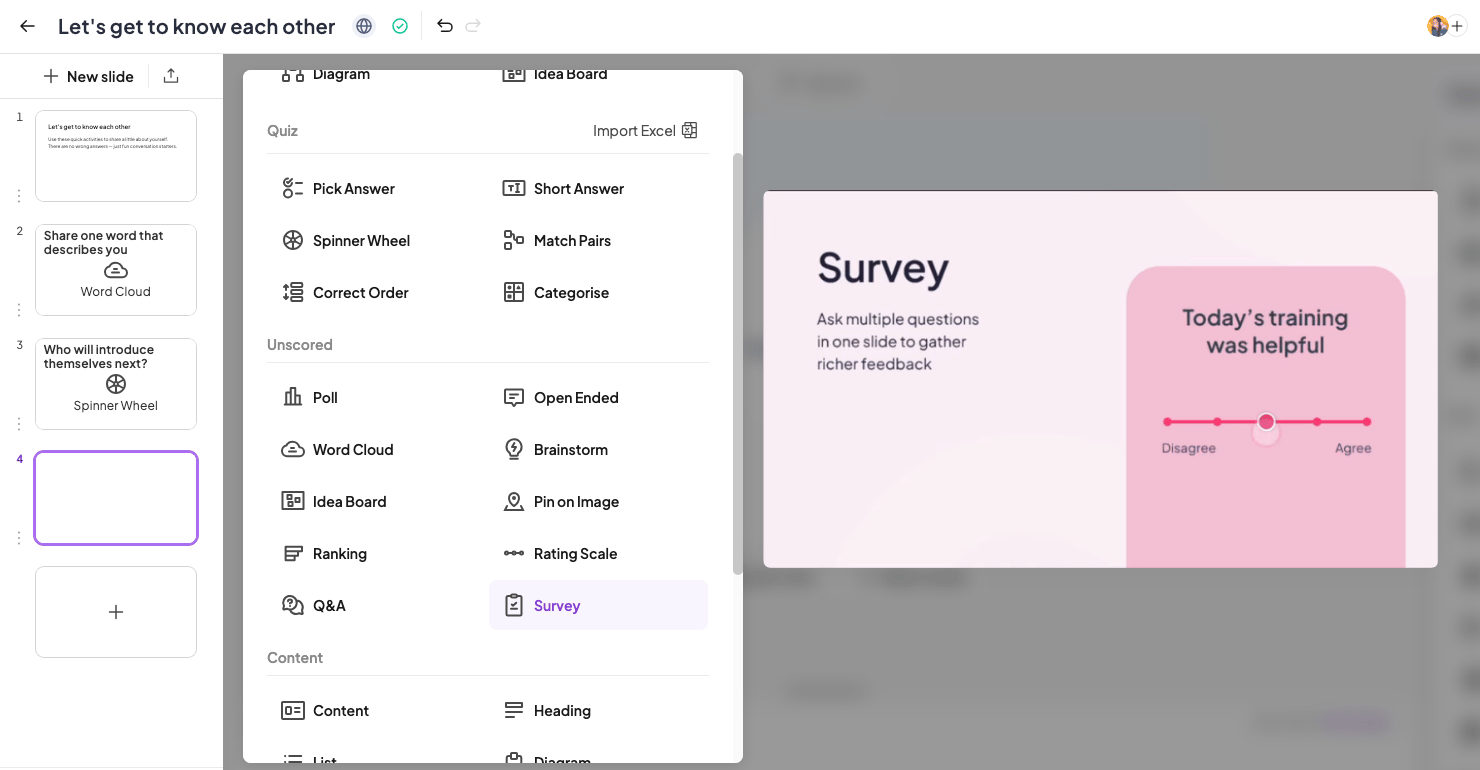 Adding a Survey as a new slide in AhaSlides presentation editor