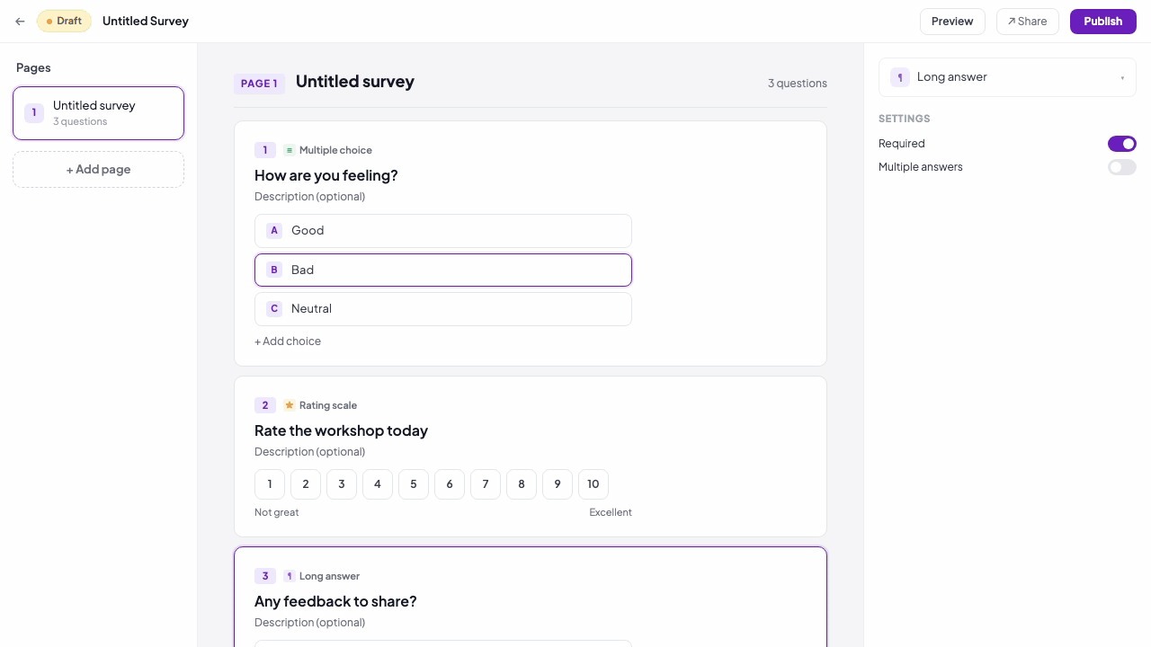 Publish and share a Survey on AhaSlides — copying the share link and QR code