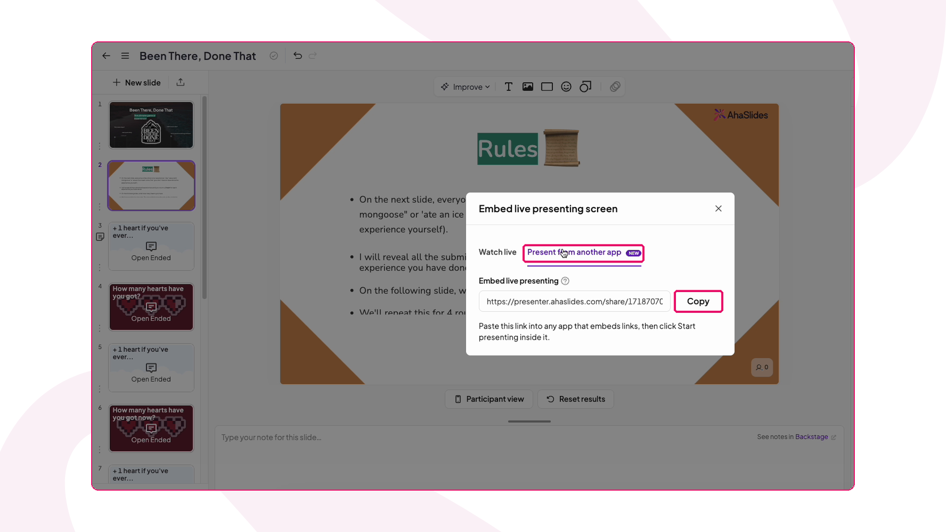 The Embed live presenting screen window in AhaSlides, with the Present from another app tab and the Copy button highlighted