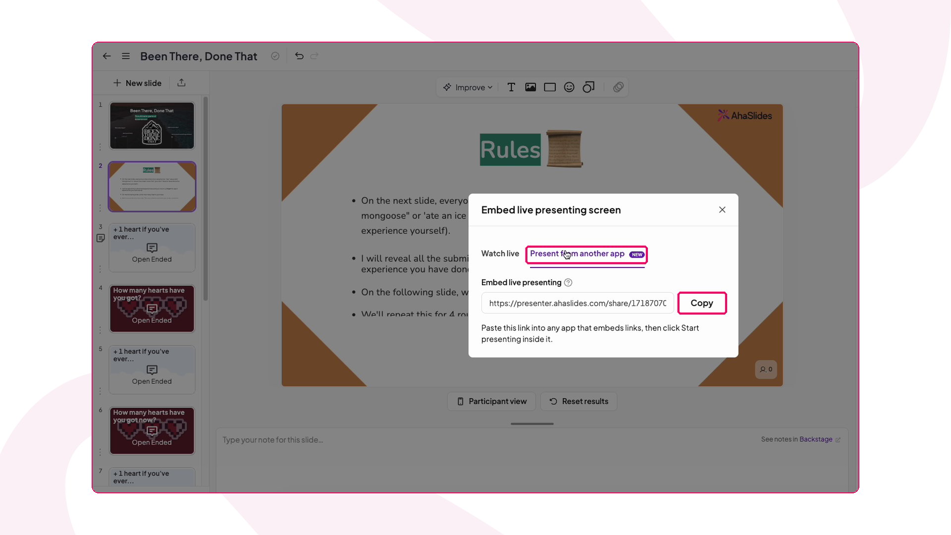 The Embed live presenting screen window in AhaSlides, with the Present from another app tab and the Copy button highlighted