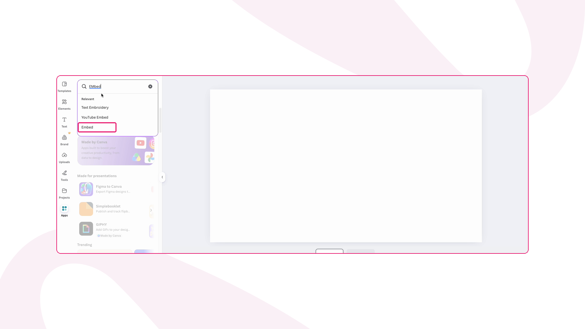 Canva's Apps panel with Embed typed into the search box and the Embed result highlighted