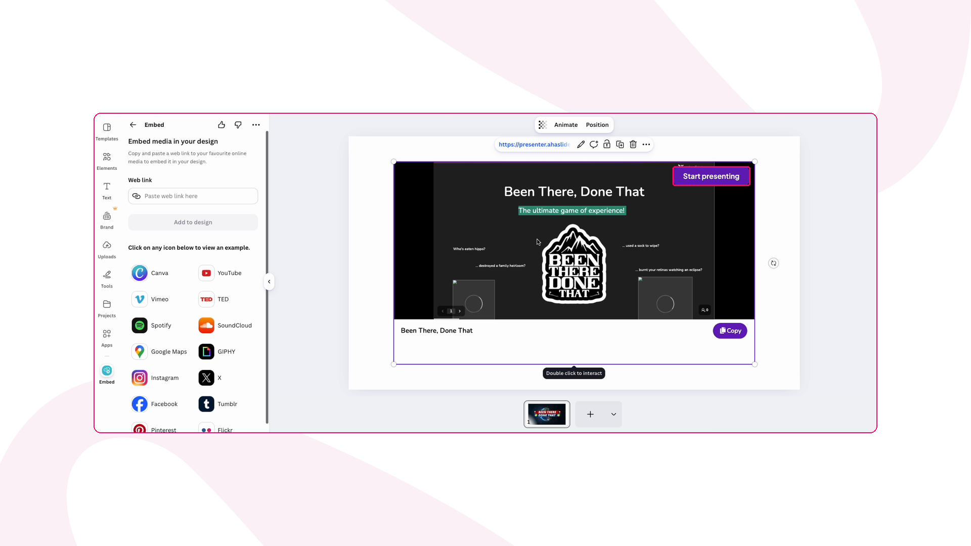 The AhaSlides deck embedded in a Canva slide, with the Start presenting button highlighted