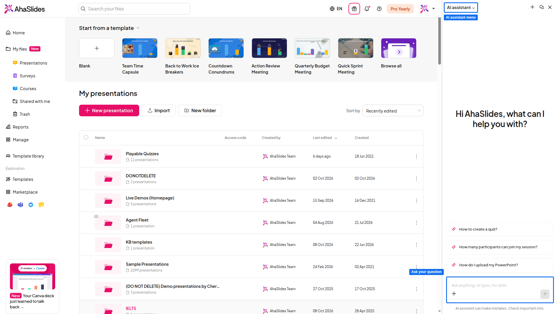 Der KI-Assistenten-Bereich von AhaSlides mit dem Menü AI assistant und dem hervorgehobenen Feld Ask anything