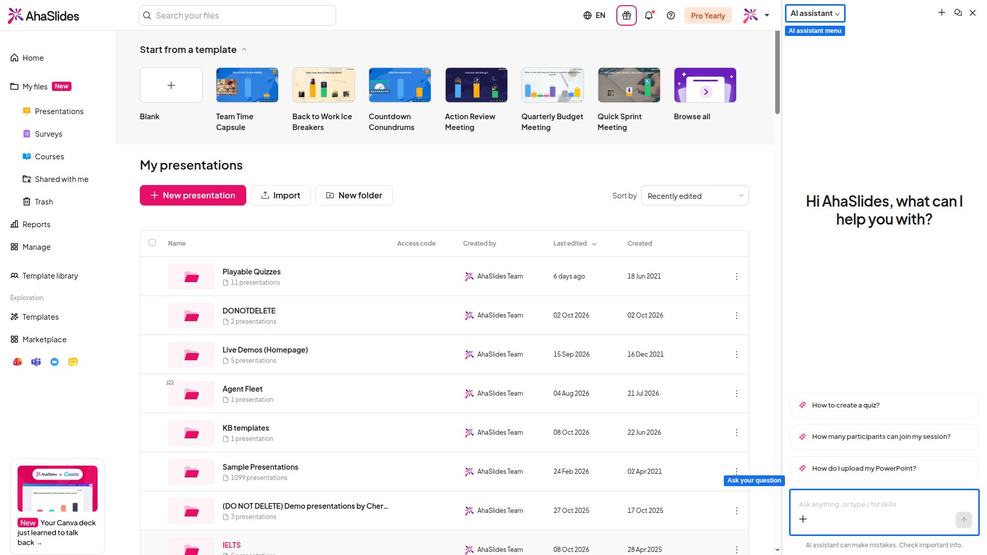 Der KI-Assistenten-Bereich von AhaSlides mit dem Menü AI assistant und dem hervorgehobenen Feld Ask anything