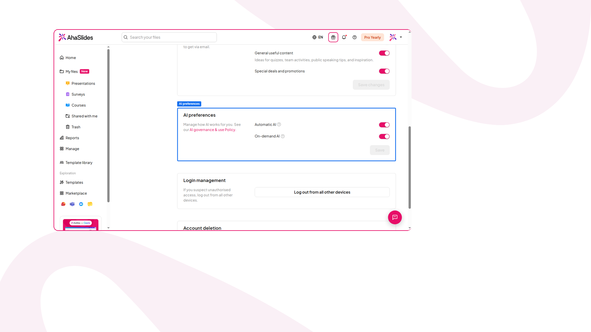Sekcja Preferencje AI w ustawieniach konta AhaSlides z włączonymi przełącznikami Automatic AI i On-demand AI