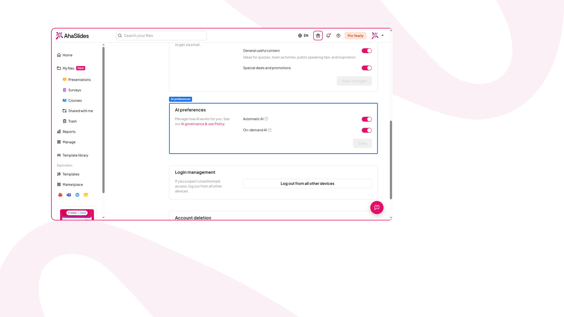 Der Bereich AI preferences in den AhaSlides-Kontoeinstellungen mit eingeschalteten Schaltern Automatic AI und On-demand AI