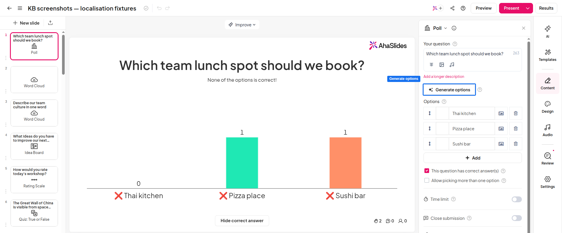 질문이 입력되고 AI 답변을 위한 Generate options가 강조 표시된 AhaSlides Poll 슬라이드의 콘텐츠 탭