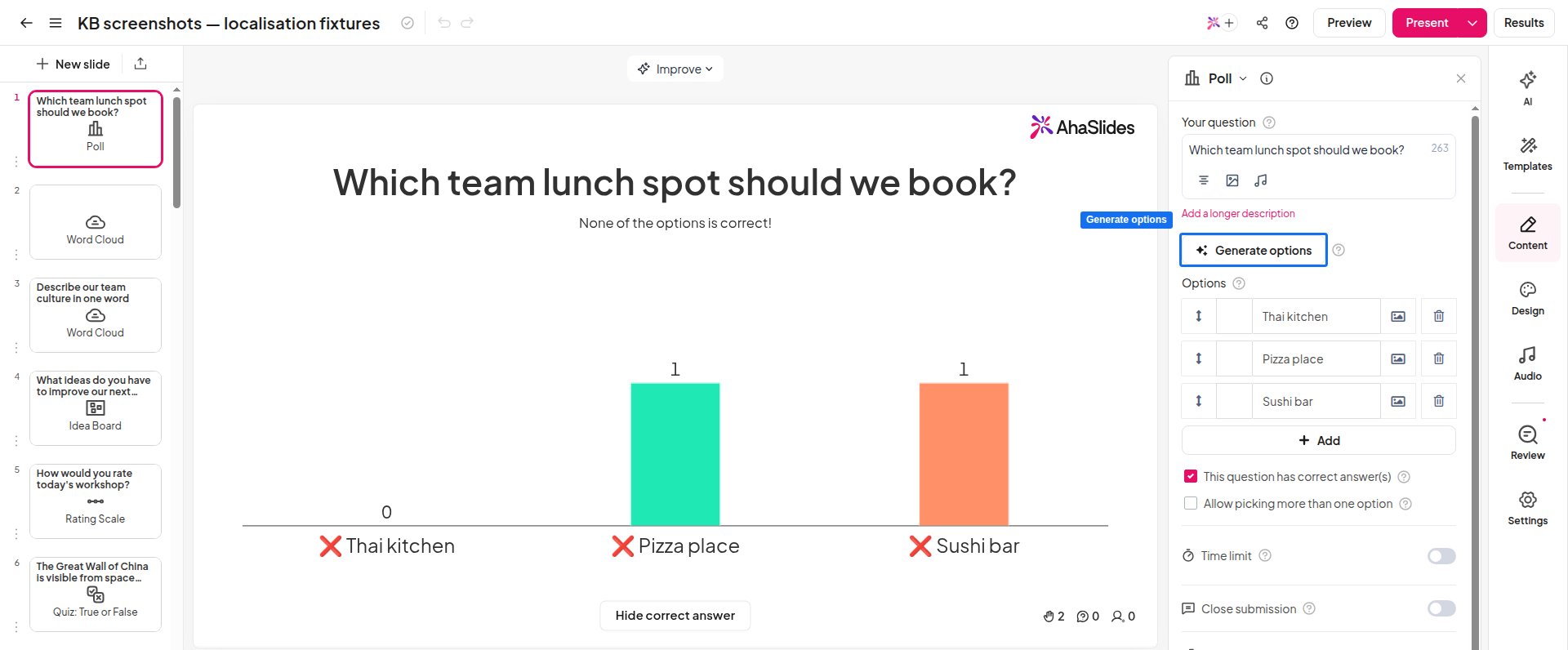 AhaSlides Poll 幻灯片的“内容”选项卡,已输入问题,并突出显示用于生成 AI 答案的 Generate options 按钮