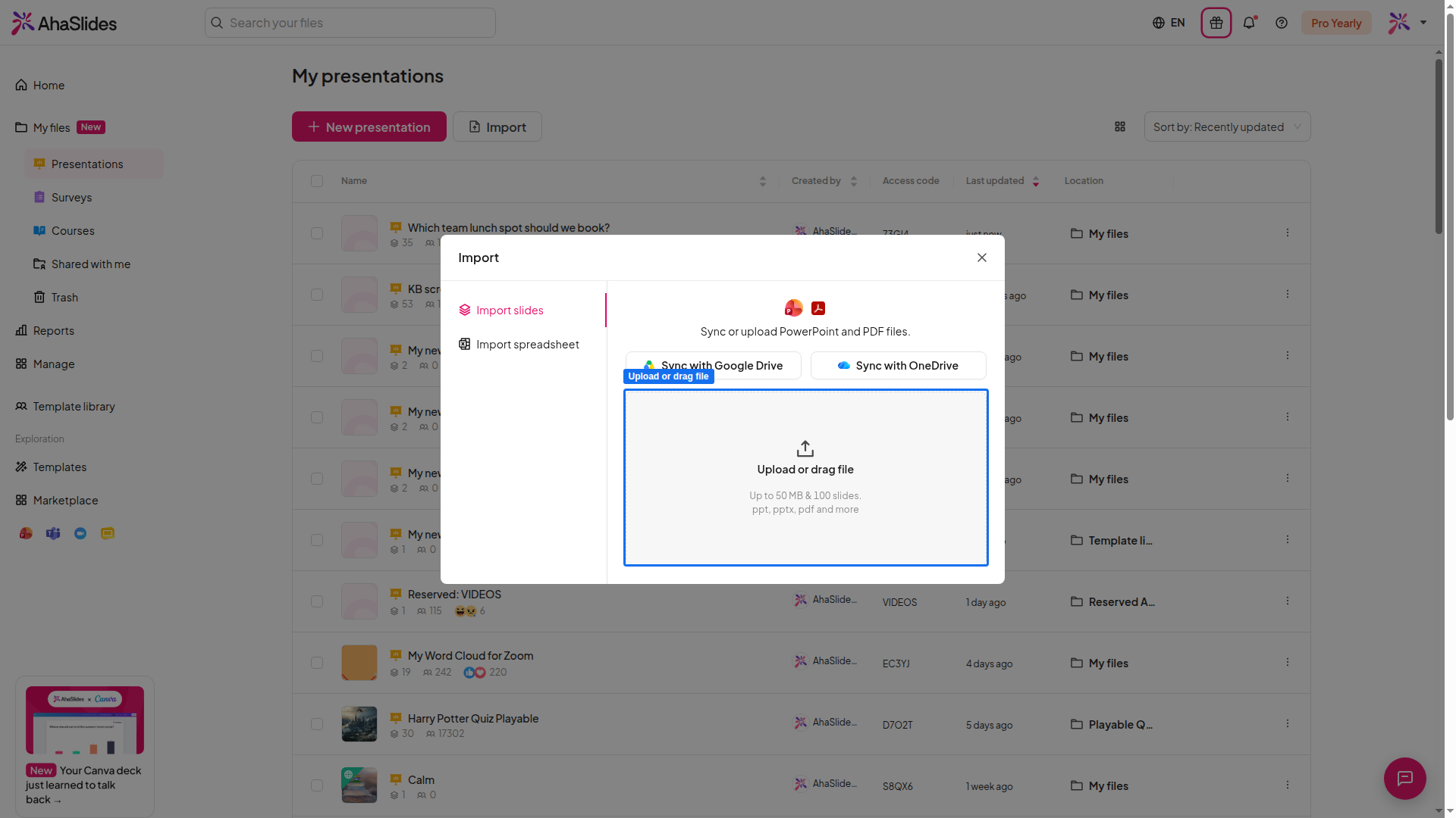Okno Import w AhaSlides z wyróżnionym obszarem przesyłania lub przeciągania pliku, służącym do dodania pliku PowerPoint lub PDF