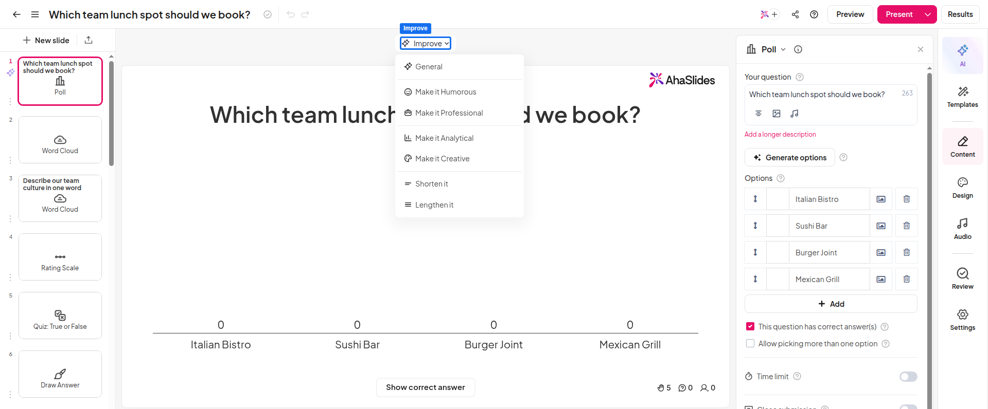 AhaSlides エディターで開いた改善メニュー。スライドの文章を磨くためのトーン、スタイル、長さのオプションが表示されています